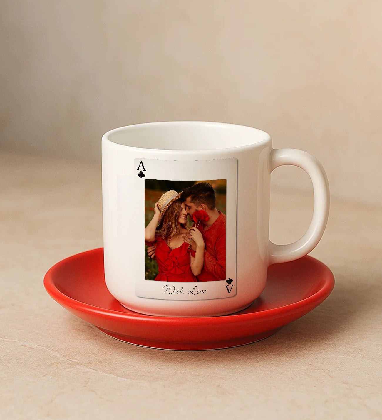 BK Gift Kişiye Özel Aşkımızın Ası Fotoğraflı İskambil Tasarımlı Kırmızı Tabaklı Türk Kahvesi Fincan Takımı-4, Sevgiliye Hediye, Arkadaşa Hediye, Eşe Hediye