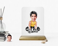 Kişiye Özel Erkek Halterci Karikatürlü Ahşap Standlı Çerçeve