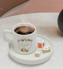 Kişiye Özel Sunum Tabaklı Çiçek Tasarımlı Türk Kahvesi Fincanı Model 9