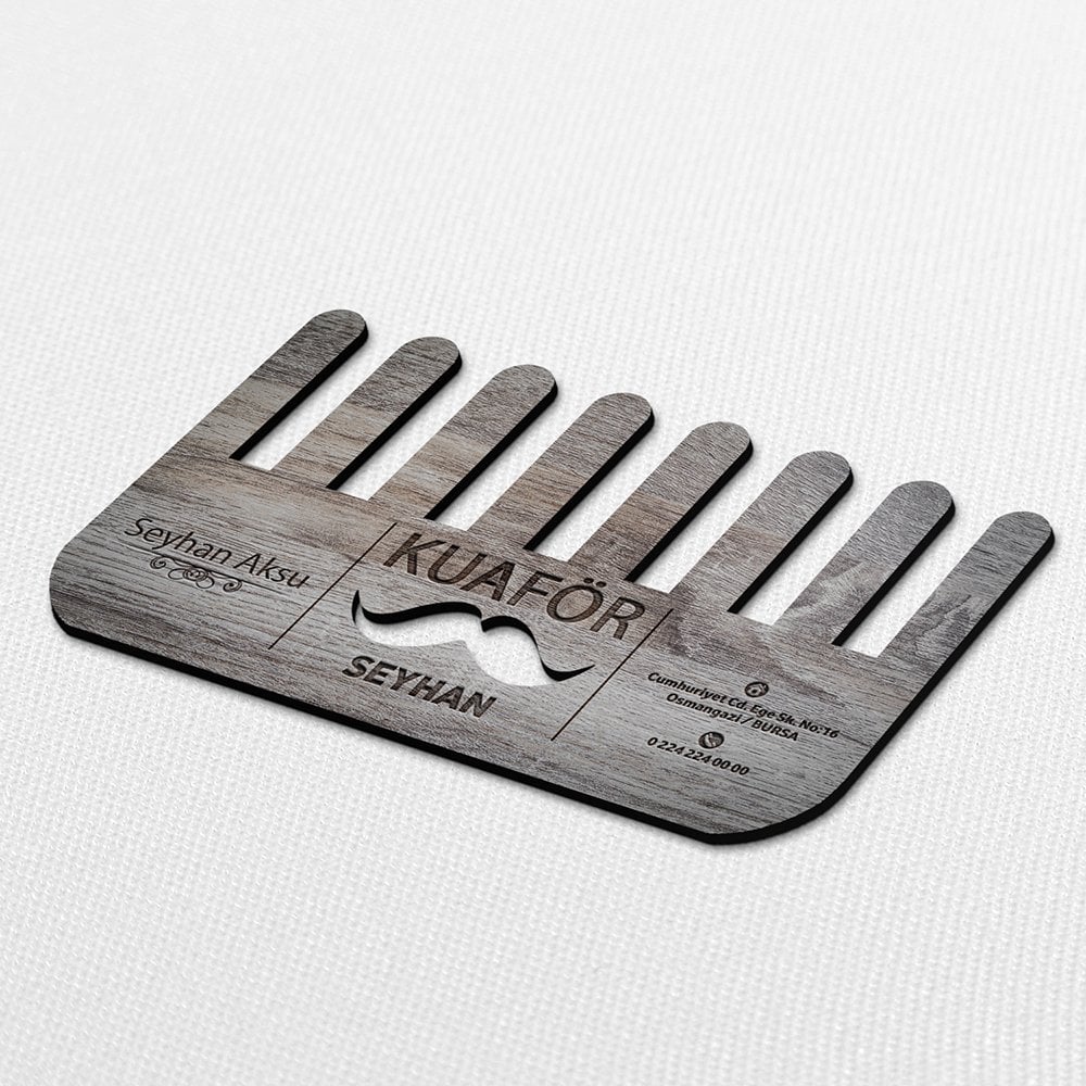 Kişiye Özel Mesleki Kuaför & Erkek Kuaförü Ahşap Kartvizit (Model 2-5) 50 ADET