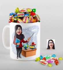 Kişiye Özel Bayan Öğretmen Karikatürlü Kupa ve Haribo Fruitbons Şeker Hediye Seti-7