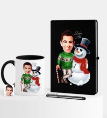 Kişiye Özel Yılbaşı Temalı Bay Karikatürlü Siyah Defter Kalem Kupa Seti - 5