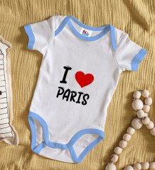 BK Kids I Love Paris Tasarımlı Mavi Bebek Body Zıbın - Model 1