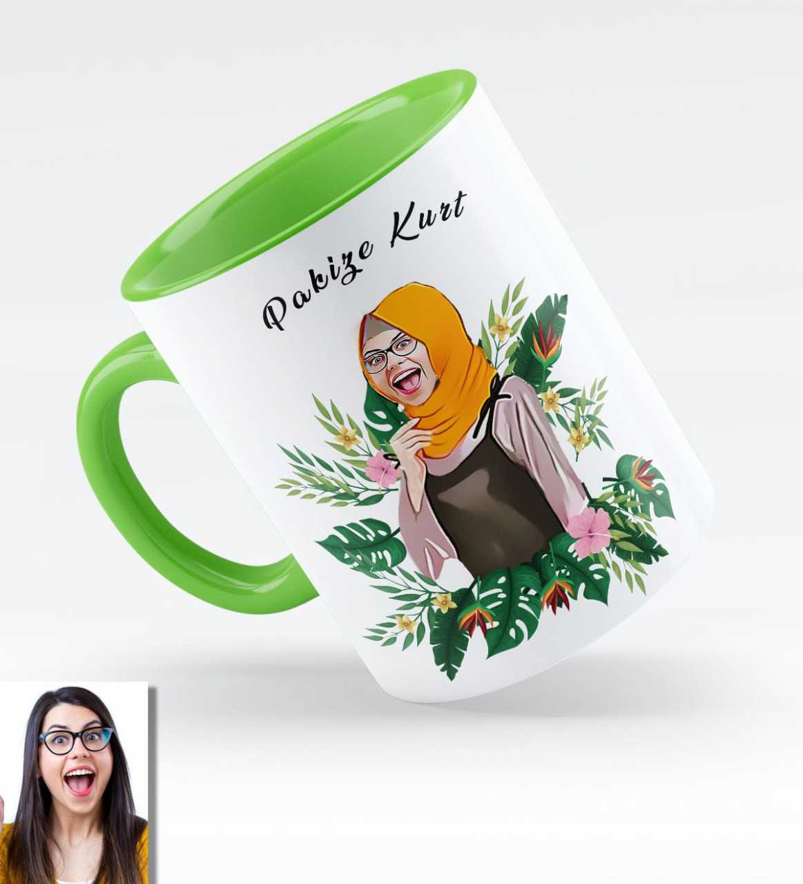 Kişiye Özel Türbanlı Karikatürlü Yeşil Kupa Bardak 39y743