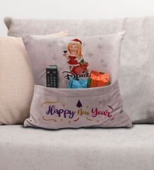 BK Gift Kişiye Özel Yılbaşı Karikatür Tasarımlı Organizer Kumanda ve Atıştırmalık Cepli Pembe Kırlent Yastık- 10, Yılbaşı Hediyesi, Yeni Yıl Hediyeleri