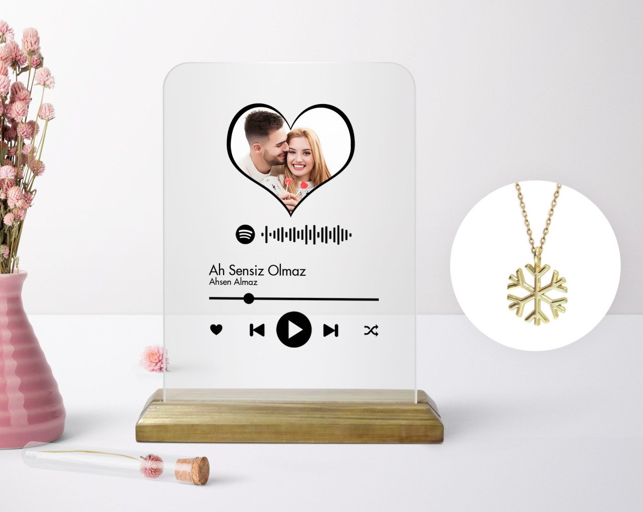 Kişiye Özel Kalpli Fotoğraflı Spotify Barkodlu Plak ve Kar Tanesi Kolye Seti-1