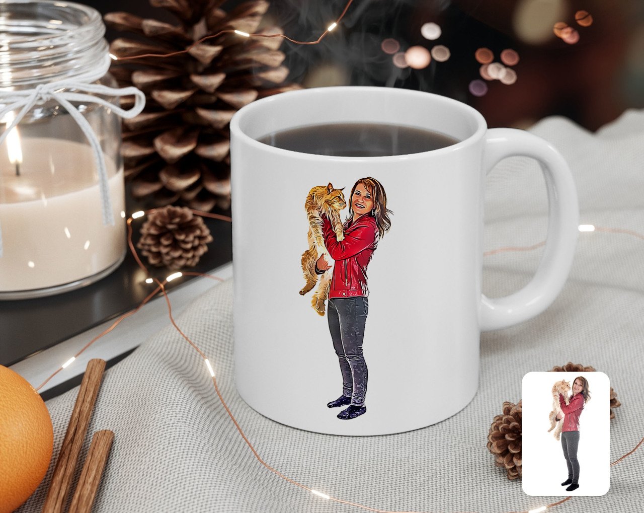 Kişiye Özel Tam Boy Kız ve Kedi Karikatürlü Beyaz Kupa Bardak-1