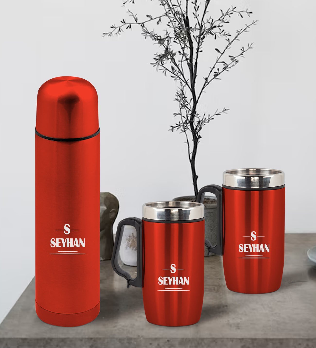 BK Gift Kişiye Özel Deri Çantalı Kırmızı Seyahat Termosu ve İkili Termos Mug Hediye Seti - 7