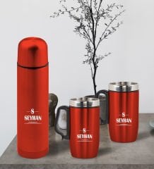 BK Gift Kişiye Özel Deri Çantalı Kırmızı Seyahat Termosu ve İkili Termos Mug Hediye Seti - 7