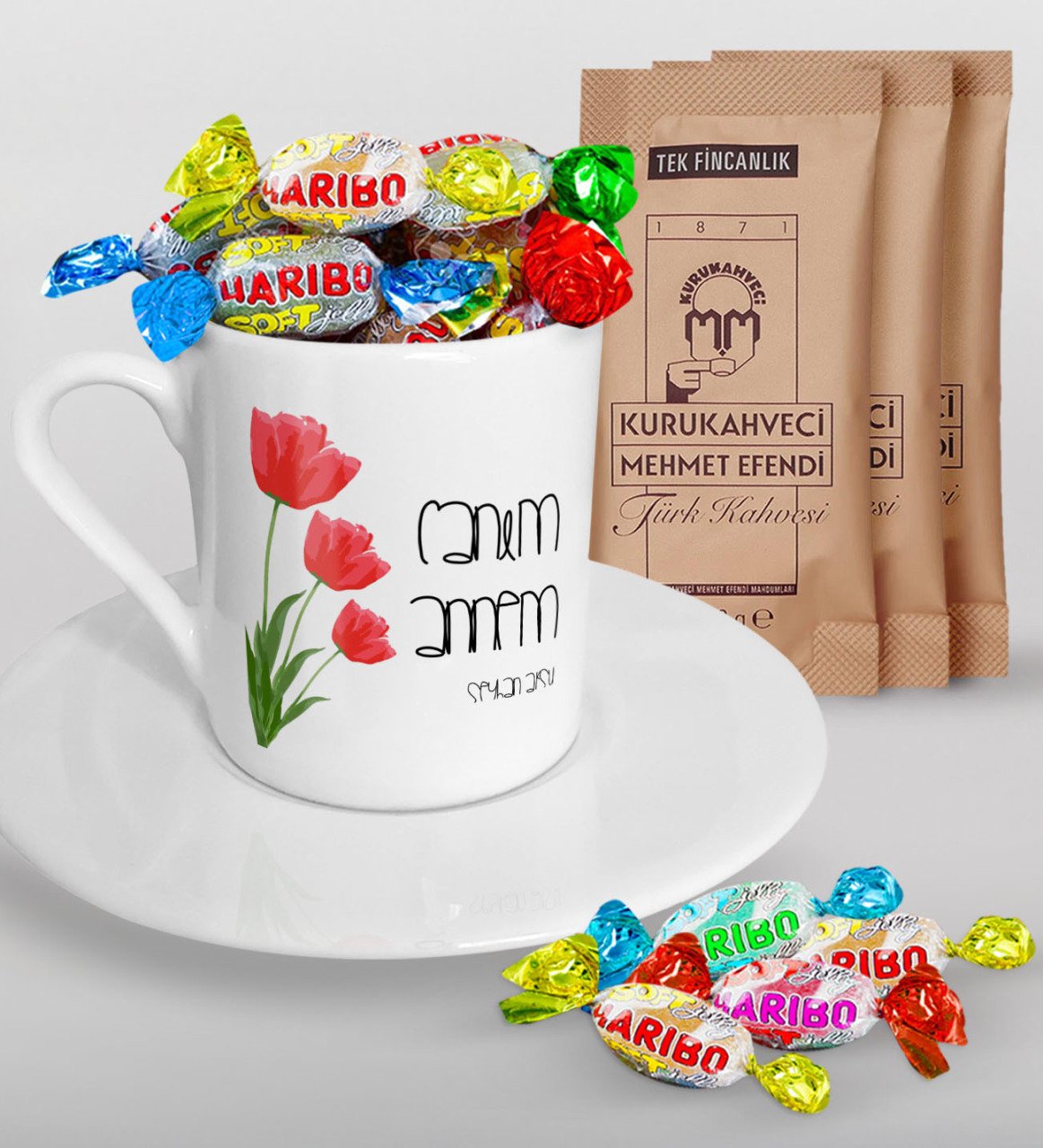Kişiye Özel Canım Annem Tasarımlı Türk Kahvesi Fincanı Mehmet Efendi Kahve ve Haribo Şeker Hediye Seti-11