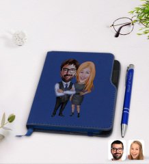 Kişiye Özel Sevgililer Karikatürlü Lacivert Termo Deri Defter Kalem Seti-100