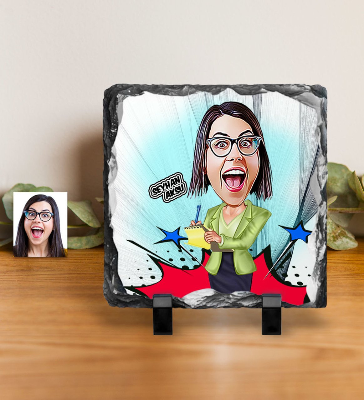 Kişiye Özel Bayan Sekreter Karikatürlü Dekoratif Doğal Taş