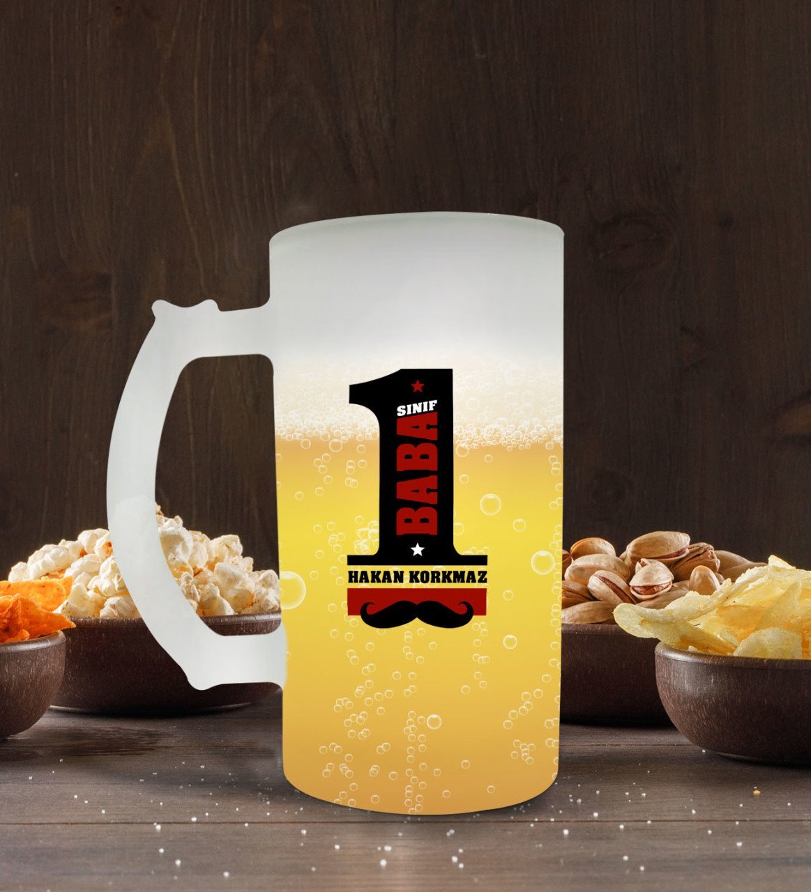 Kişiye Özel 1.Sınıf Baba Tasarımlı Buzlu Cam Bira Bardağı 50cl-1