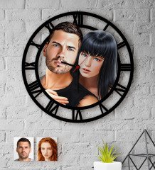 Kişiye Özel Sevgililer Karikatürlü Ahşap Duvar Saati-38