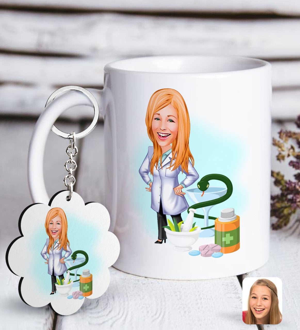 Kişiye Özel Bayan Eczacı Karikatürlü Beyaz Kupa ve Anahtarlık Hediye Seti-2