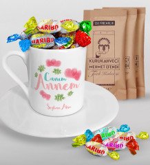 Kişiye Özel Canım Annem Tasarımlı Türk Kahvesi Fincanı Mehmet Efendi Kahve ve Haribo Şeker Hediye Seti-12