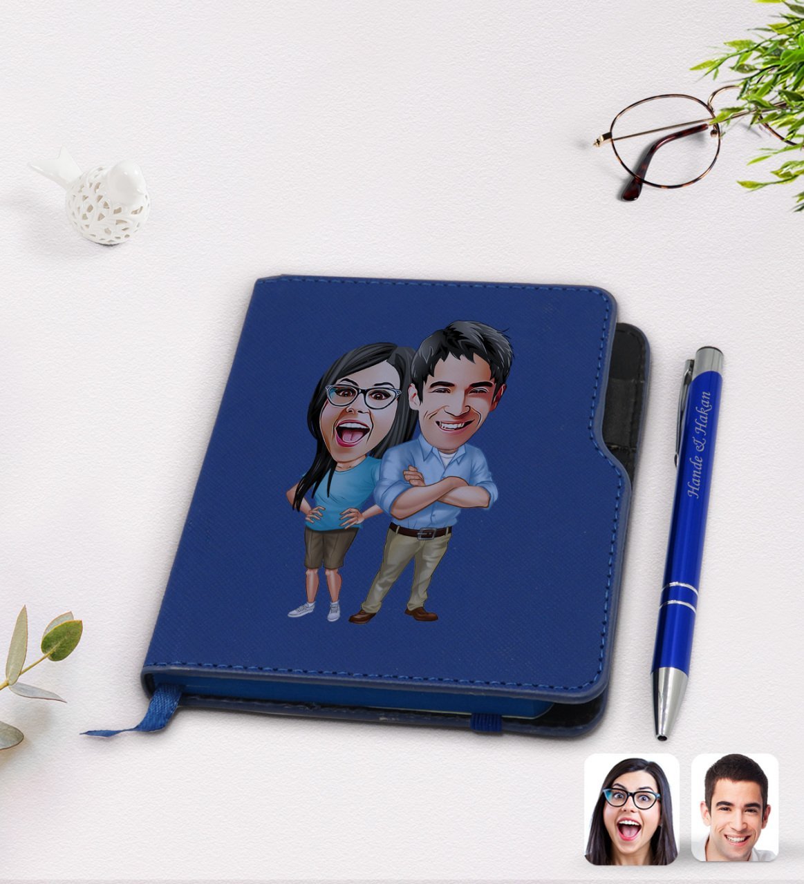 Kişiye Özel Sevgililer Karikatürlü Lacivert Termo Deri Defter Kalem Seti-101
