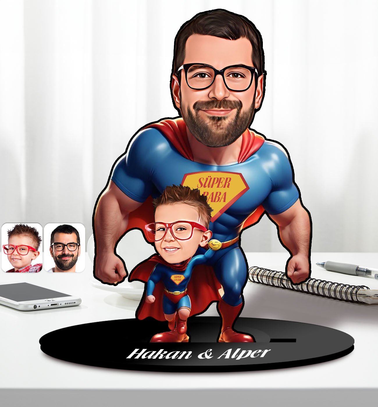 BK Gift Kişiye Özel Süper Baba-Çocuk Karikatürlü Ahşap Biblo-1, Babalar Günü Hediyesi, Babaya Hediye