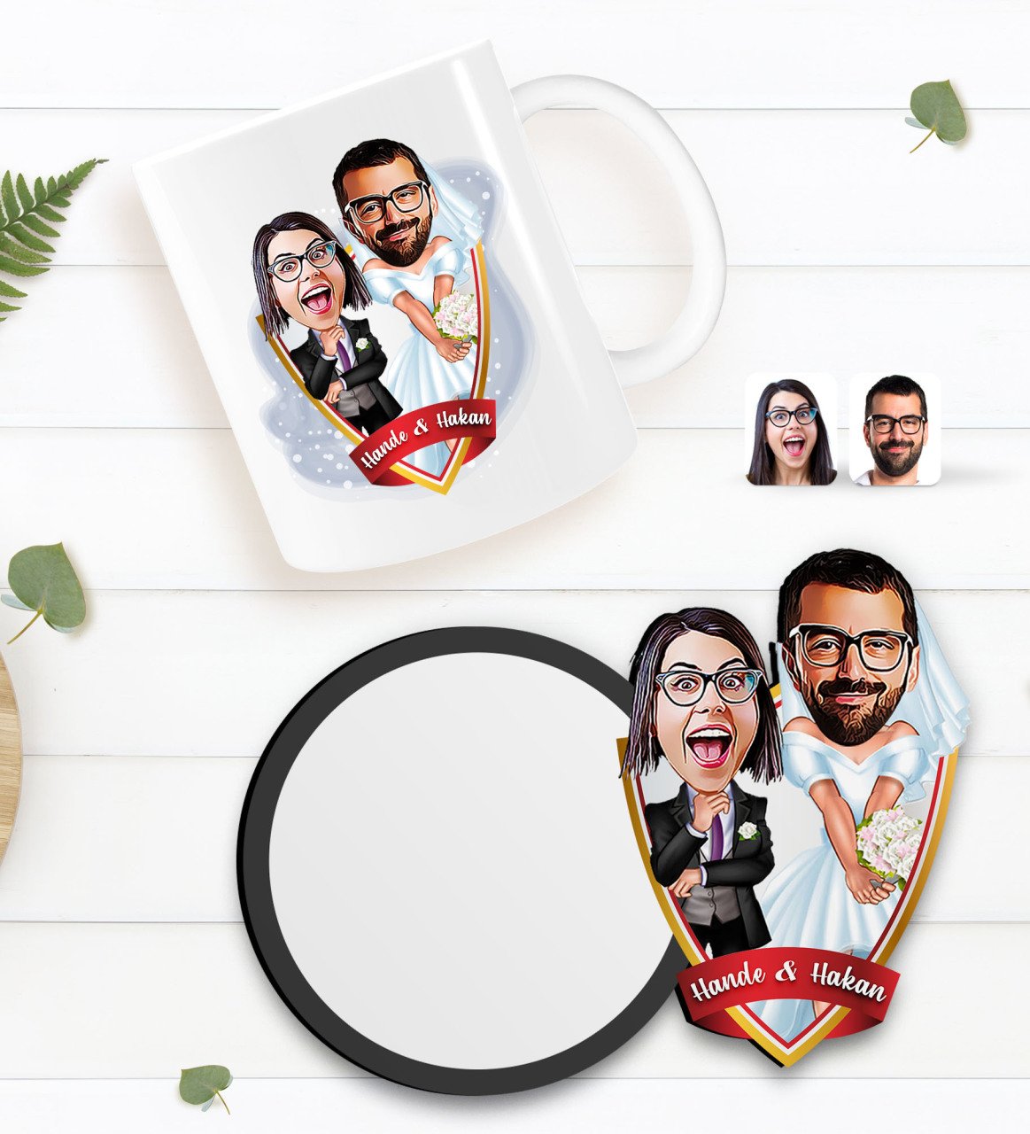 Kişiye Özel Sevgililer Karikatürlü Beyaz Kupa ve Ahşap Bardak Altlığı Hediye Seti-16