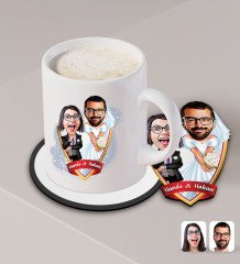 Kişiye Özel Sevgililer Karikatürlü Beyaz Kupa ve Ahşap Bardak Altlığı Hediye Seti-16