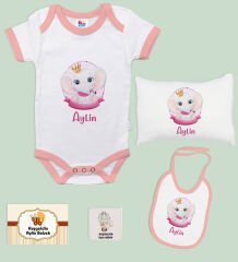 BK Kids Kişiye Özel İsimli 5 Parça Pembe Bebek Body Zıbın Yastık Hediye Seti, Yeni Doğan Bebek Giyim Hediyesi-3