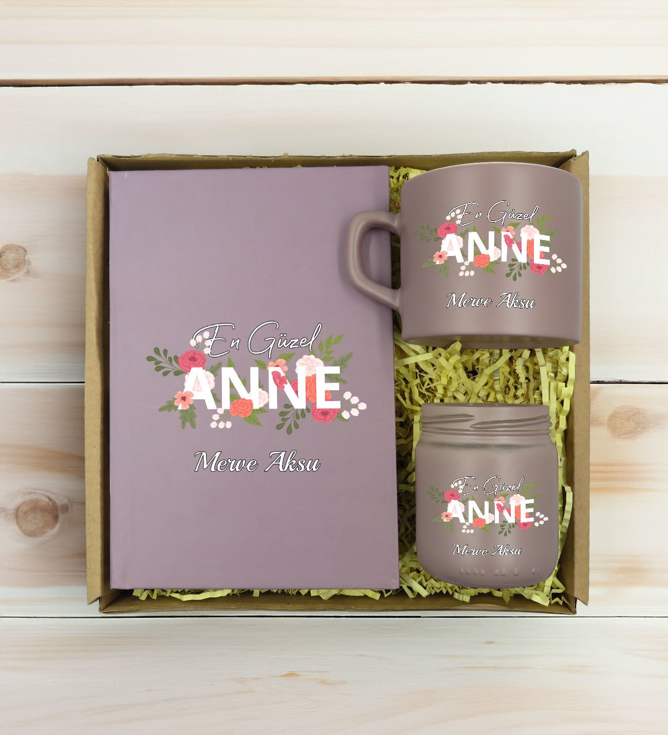 BK Gift Kişiye Özel İsimli DTF Anne Temalı Mat Gri Defter & Kahve Fincanı & Mum Hediye Seti-1, Anneye Hediye, Anneler Günü Hediyesi