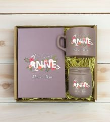BK Gift Kişiye Özel İsimli DTF Anne Temalı Mat Gri Defter & Kahve Fincanı & Mum Hediye Seti-1, Anneye Hediye, Anneler Günü Hediyesi