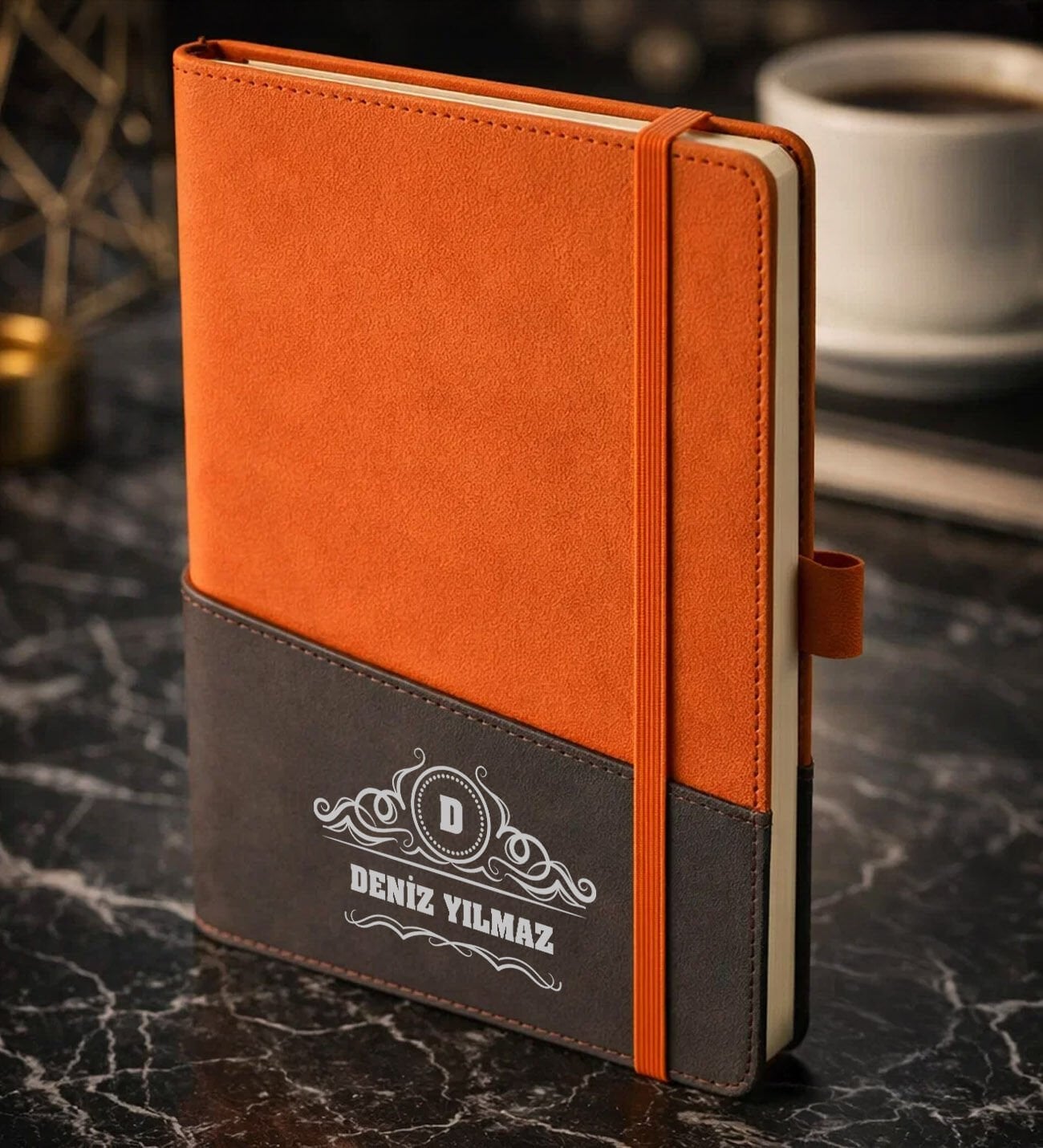 BK Gift Kişiye Özel Turuncu Termo Deri Defter -15, Kartvizit Bölmeli, Çizgili Ivory Kağıt