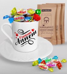 Kişiye Özel Canım Annem Tasarımlı Türk Kahvesi Fincanı Mehmet Efendi Kahve ve Haribo Şeker Hediye Seti-14