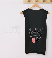 BK Gift Coming Soon Tasarımlı Siyah Sıfır Kol Hamile Tişört-3, Hamile Giyim, Eşe Hediye