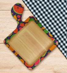 BK Gift Meyveler Tasarımlı Kare Şeklinde Doğal Ahşap Servis ve Sunum Tabağı Model 1