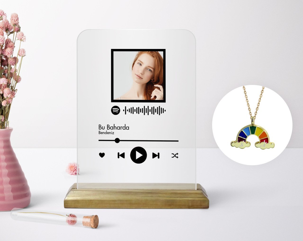 Kişiye Özel Fotoğraflı Spotify Barkodlu Plak ve Çift Harfli Bulut Kolye Seti-1