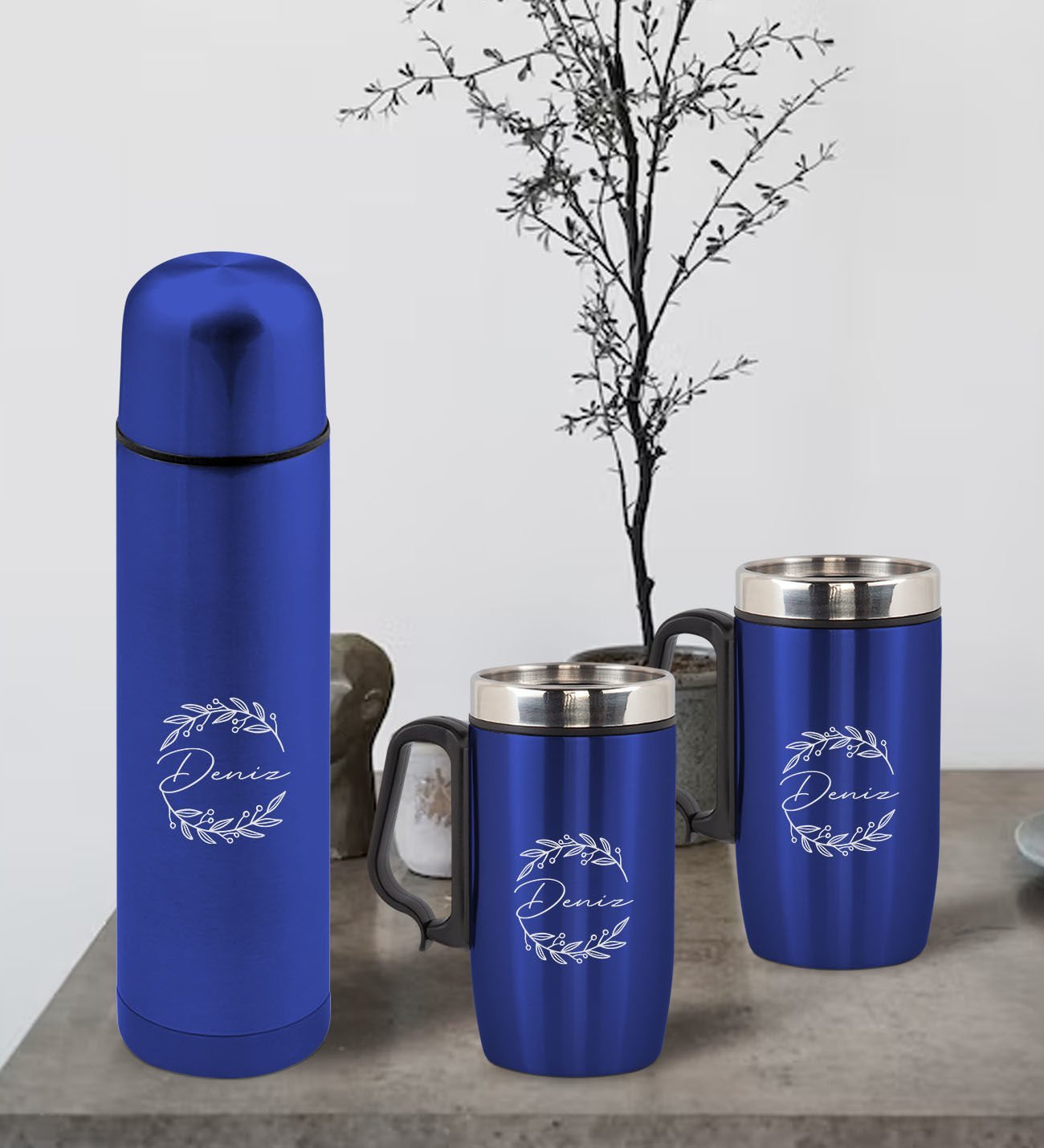 BK Gift Kişiye Özel Deri Çantalı Mavi Seyahat Termosu ve İkili Termos Mug Hediye Seti -5