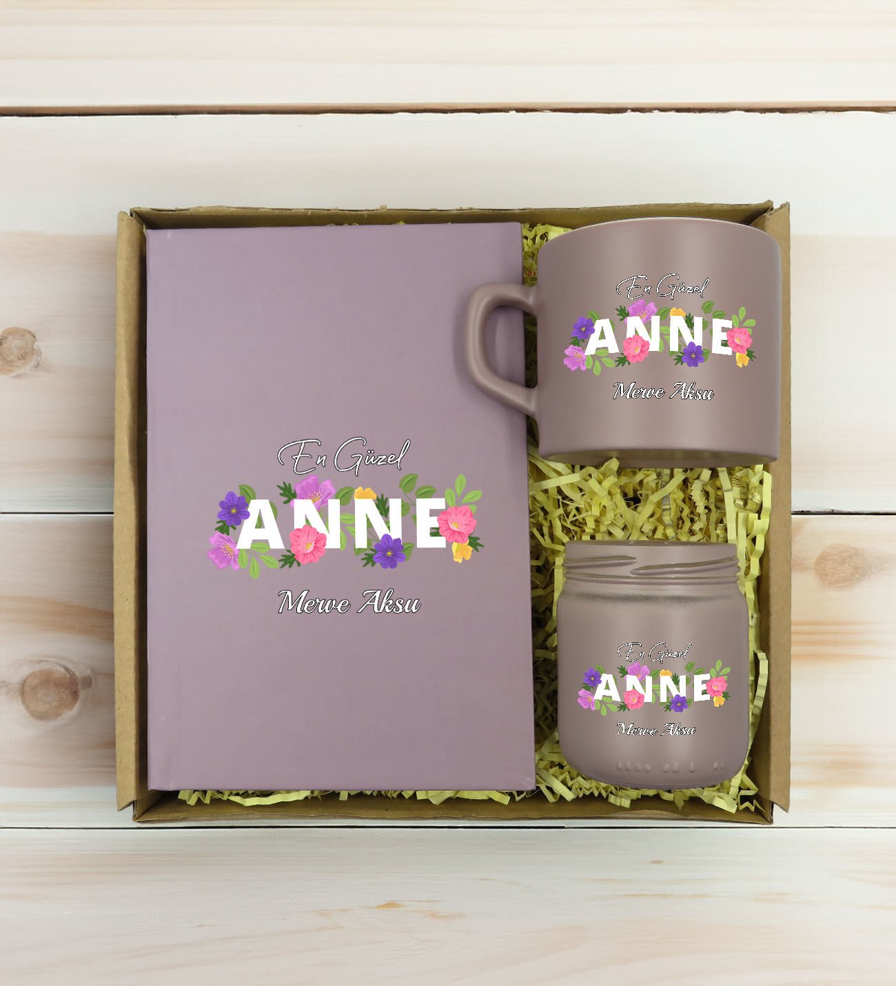 BK Gift Kişiye Özel İsimli DTF Anne Temalı Mat Gri Defter & Kahve Fincanı & Mum Hediye Seti-3, Anneye Hediye, Anneler Günü Hediyesi