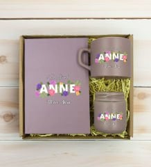 BK Gift Kişiye Özel İsimli DTF Anne Temalı Mat Gri Defter & Kahve Fincanı & Mum Hediye Seti-3, Anneye Hediye, Anneler Günü Hediyesi