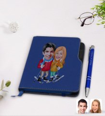 Kişiye Özel Sevgililer Karikatürlü Lacivert Termo Deri Defter Kalem Seti-107