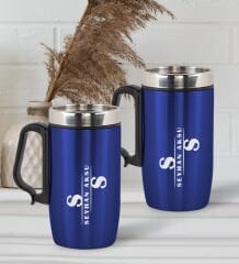 BK Gift Kişiye Özel Deri Çantalı Mavi Seyahat Termosu ve İkili Termos Mug Hediye Seti -6