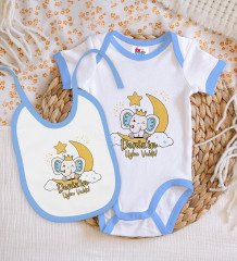 BK Kids Kişiye Özel Uyku Vakti Tasarımlı Mavi Bebek Body Zıbın ve Mama Önlüğü Hediye Seti