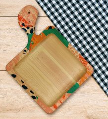 BK Gift Modern Art Tasarımlı Kare Şeklinde Doğal Ahşap Servis ve Sunum Tabağı Model 1