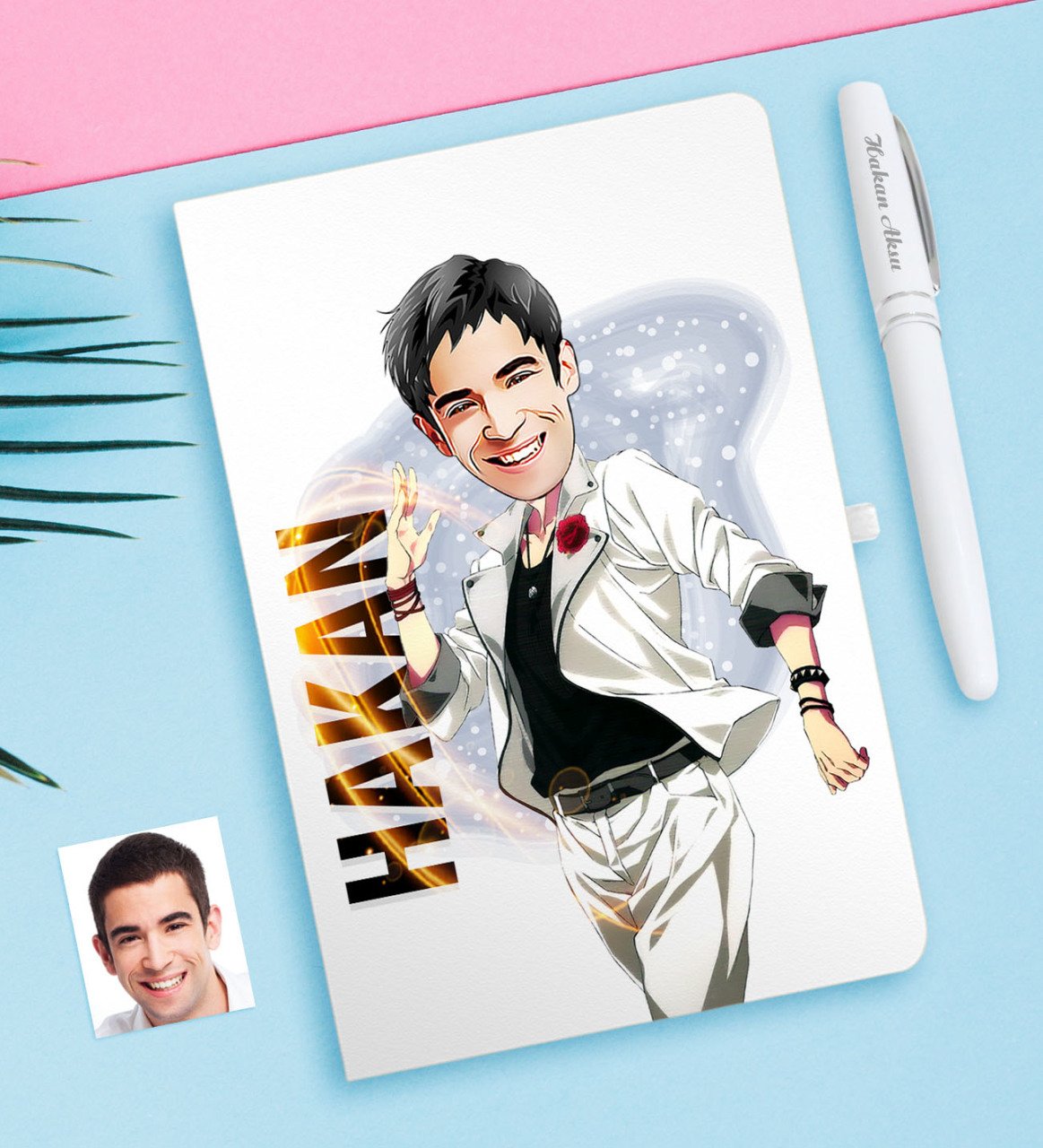 Kişiye Özel Bay Karikatürlü Beyaz Defter ve Kalem Hediye Seti-34