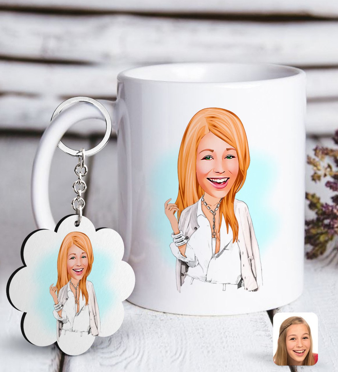 Kişiye Özel Bayan Model Karikatürlü Beyaz Kupa ve Anahtarlık Hediye Seti-2
