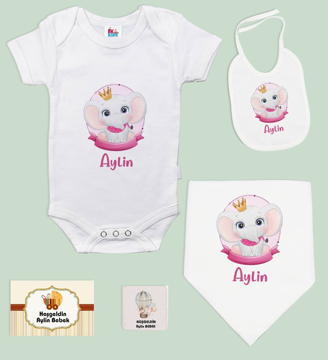 BK Kids Kişiye Özel İsimli 5 Parça Beyaz Bebek Body Zıbın ve Battaniye Hediye Seti, Yeni Doğan Bebek Giyim Hediyesi-4