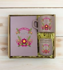 BK Gift Kişiye Özel İsimli DTF Anne Temalı Mat Gri Defter & Kahve Fincanı & Mum Hediye Seti-6, Anneye Hediye, Anneler Günü Hediyesi