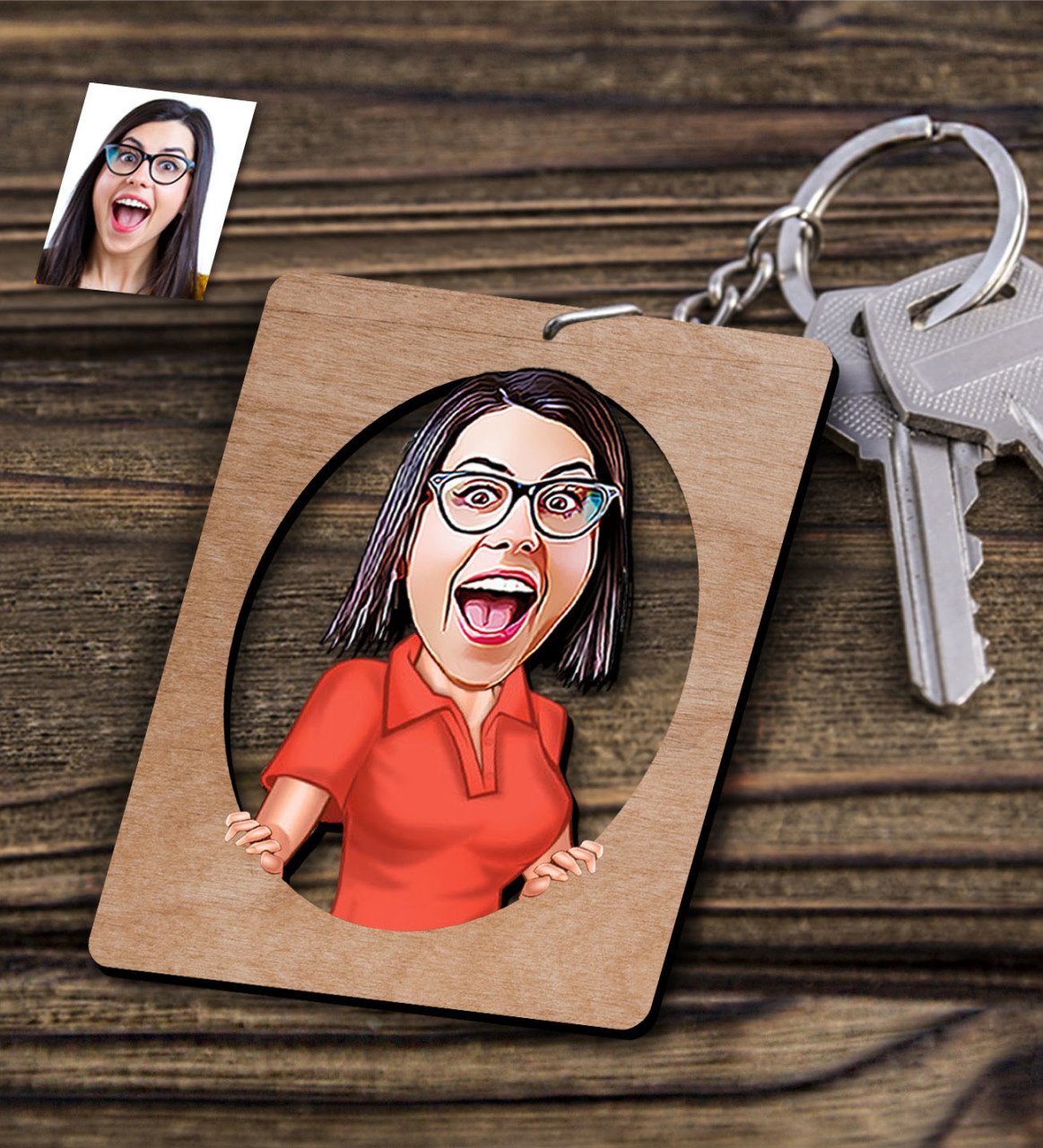 Kişiye Özel Bayan Karikatürlü Ahşap Anahtarlık