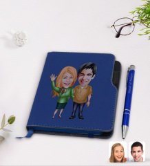 Kişiye Özel Sevgililer Karikatürlü Lacivert Termo Deri Defter Kalem Seti-110