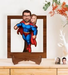 BK Gift Kişiye Özel Süper Baba-Oğul Karikatürlü Ahşap 3D Standlı Biblo-3, Babalar Günü Hediyesi, Babaya Hediye