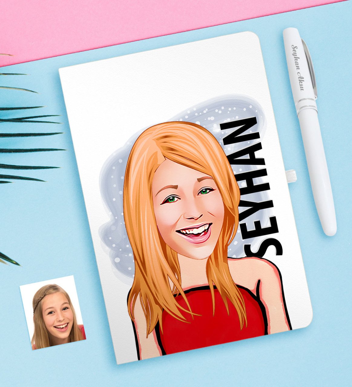 Kişiye Özel Bayan Karikatürlü Beyaz Defter ve Kalem Hediye Seti-33