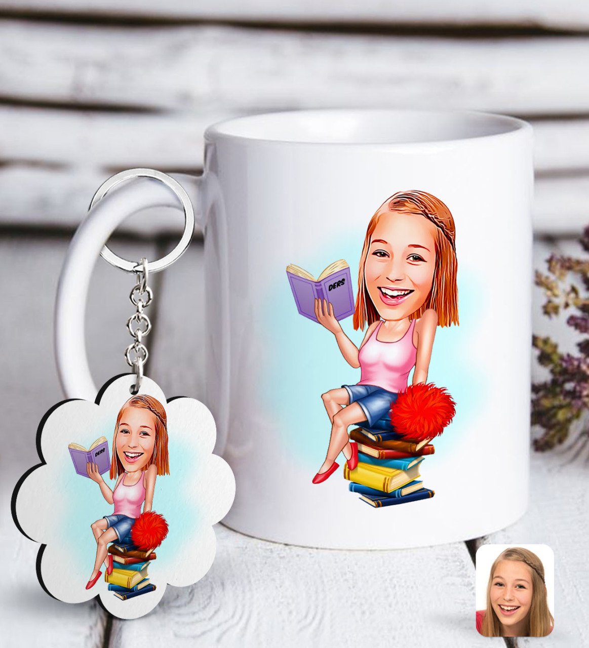 Kişiye Özel Bayan Öğrenci Karikatürlü Beyaz Kupa ve Anahtarlık Hediye Seti-1