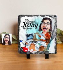 Kişiye Özel Bayan Bankacı Karikatürlü Dekoratif Doğal Taş - 1