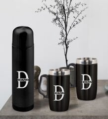 BK Gift Kişiye Özel Deri Çantalı Siyah Seyahat Termosu ve İkili Termos Mug Hediye Seti -3